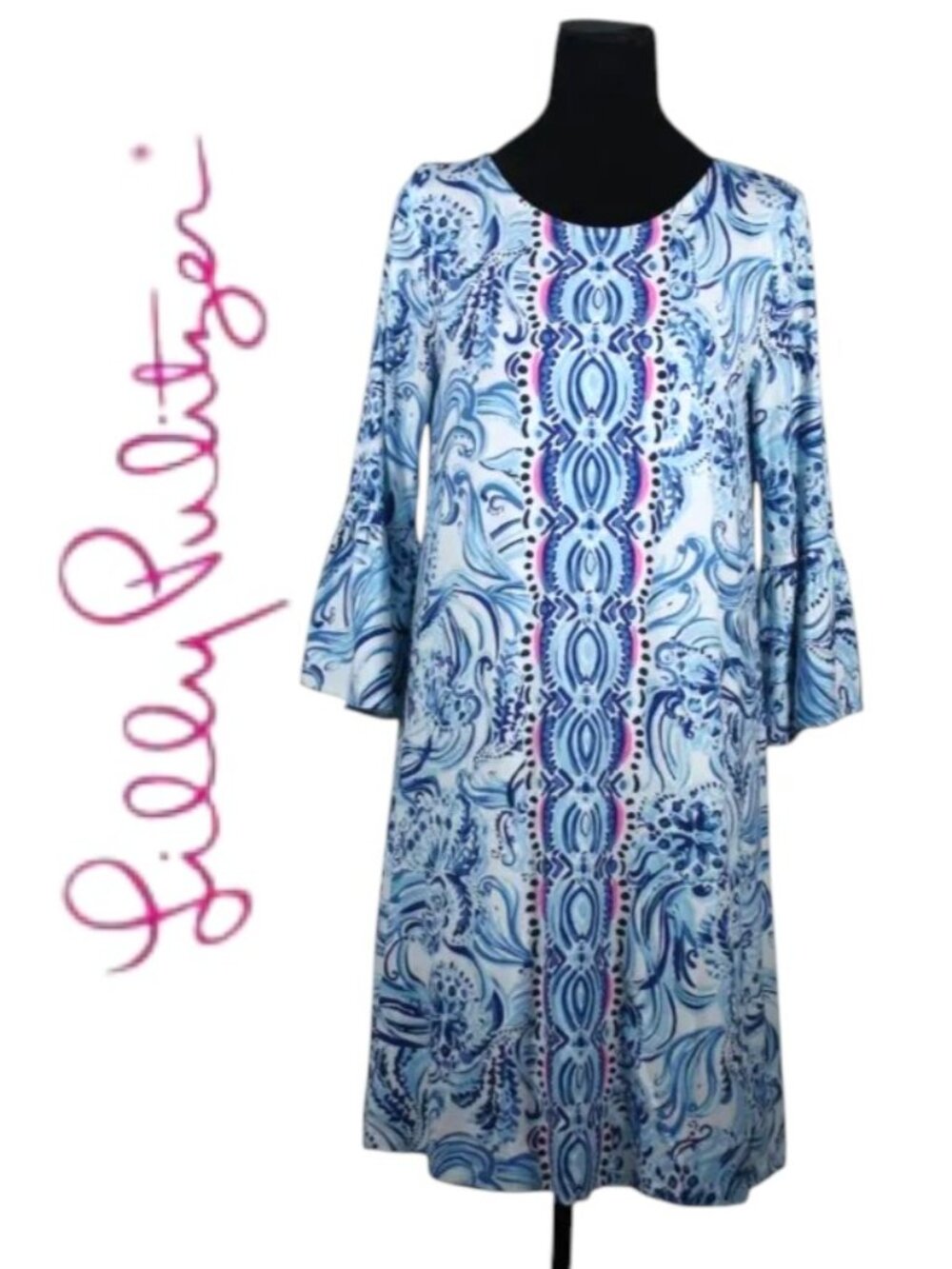 Lily Pulitzer Blue & White 3/4 Length Sleeves with Ruffle Size Medium